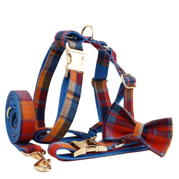 dog harness 4 Luxury Plaid Bowtie Dog Harness Leash Collar Set With Metal Buckles